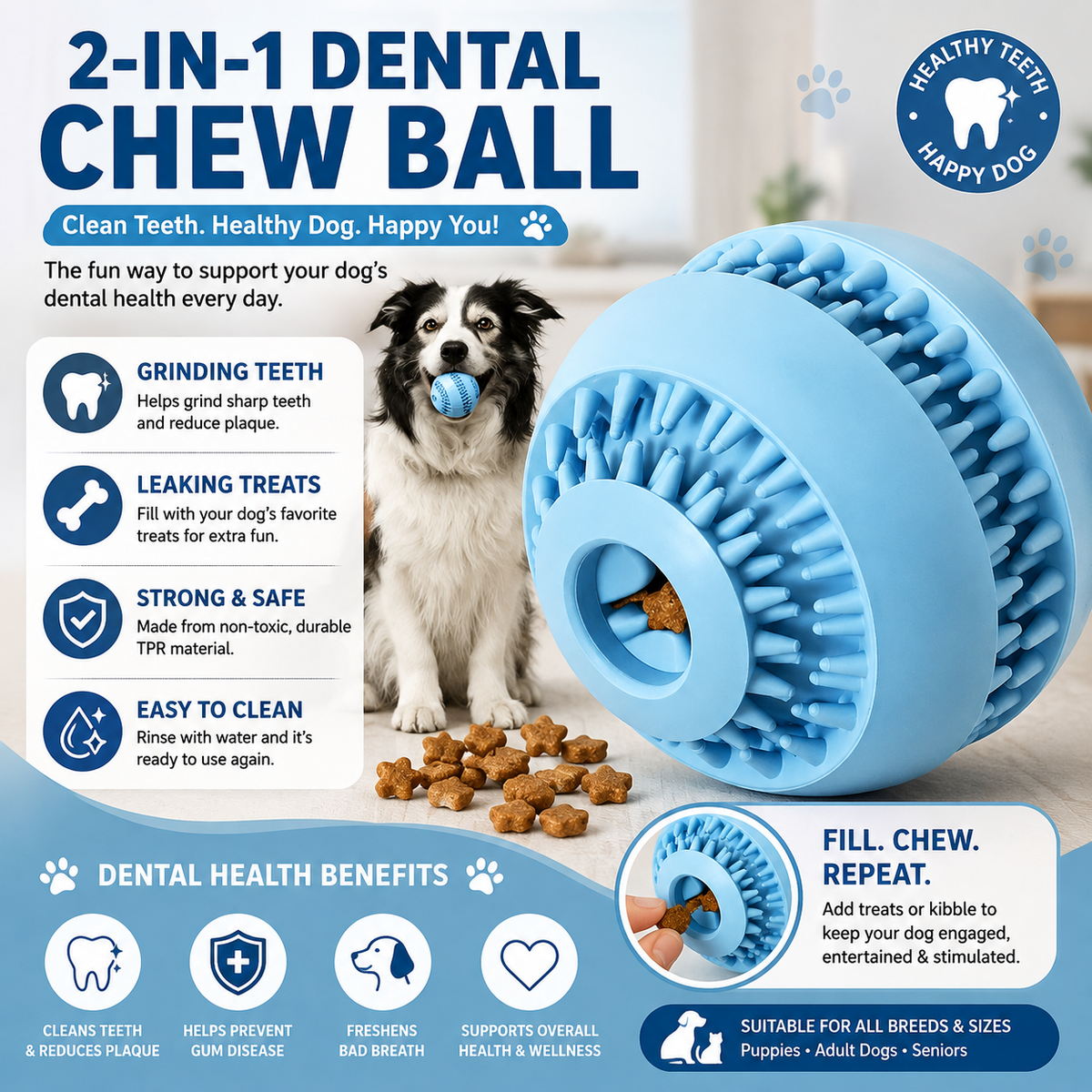 Interactive Dog Treat Ball – Durable Chew Toy, Slow Feeder & IQ Training Toy for Small & Medium Dogs