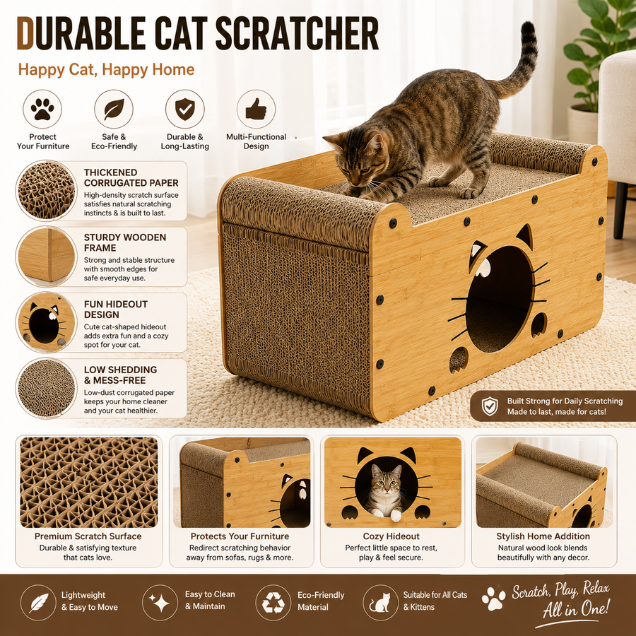 🐱 Premium Cat Scratcher House – Durable Corrugated Scratch Pad with Cozy Hideout