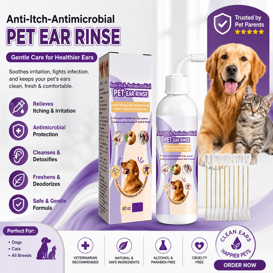 Gentle Pet Ear Rinse for Dogs & Cats – Anti-Itch, Antimicrobial & Alcohol-Free Cleaner