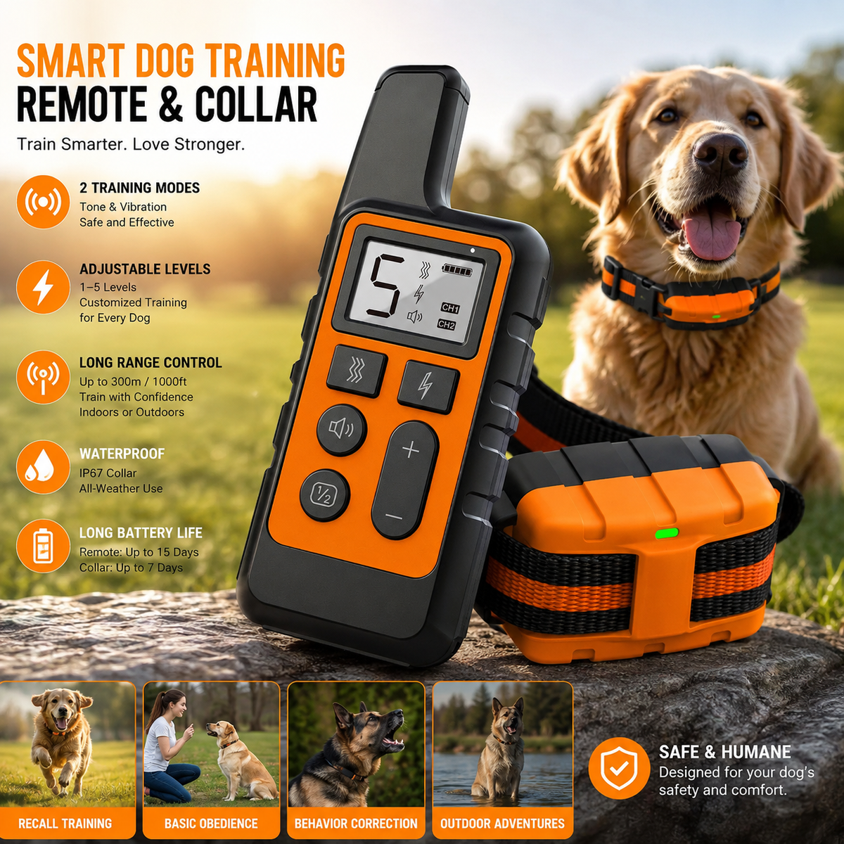 Smart Remote Dog Training Collar – Rechargeable Training System with Tone, Vibration & Adjustable Levels