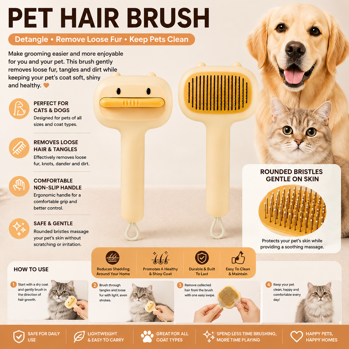 Cute Cartoon Bear Self-Cleaning Pet Brush  Universal Deshedding Comb For Cats And Dogs  Removes Loose Fur & Detangles  Comfortable Non-Slip Handle Pet Grooming Tool